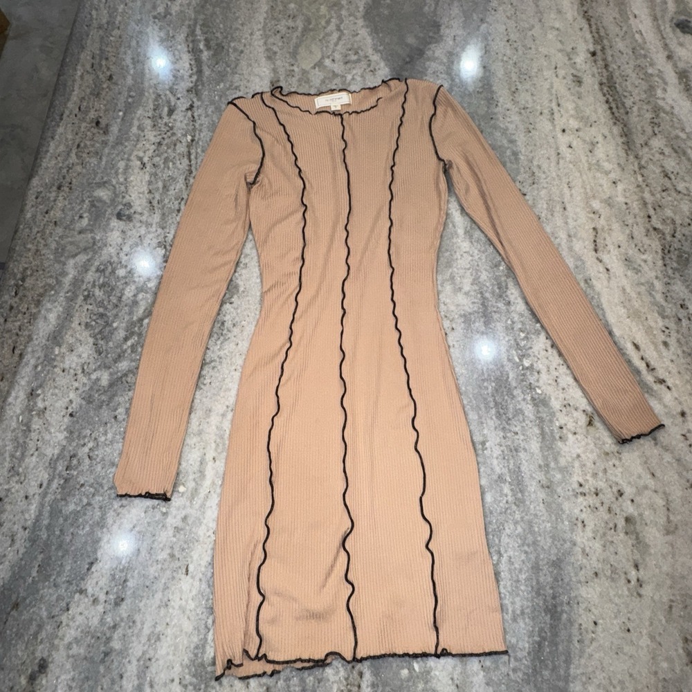 No Comment Small Ribbed Bodycon Mini Dress Beige Black Long‎ Sleeve Party Y2K